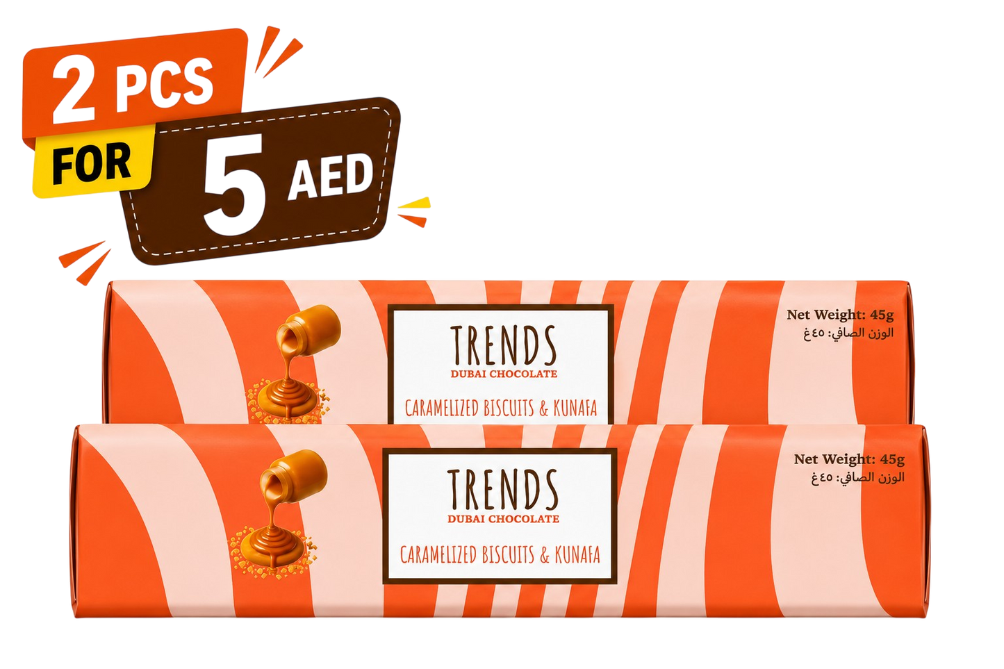 Trends Dubai Chocolate, Caramelized Biscuit & Kunafa - 45g x 2